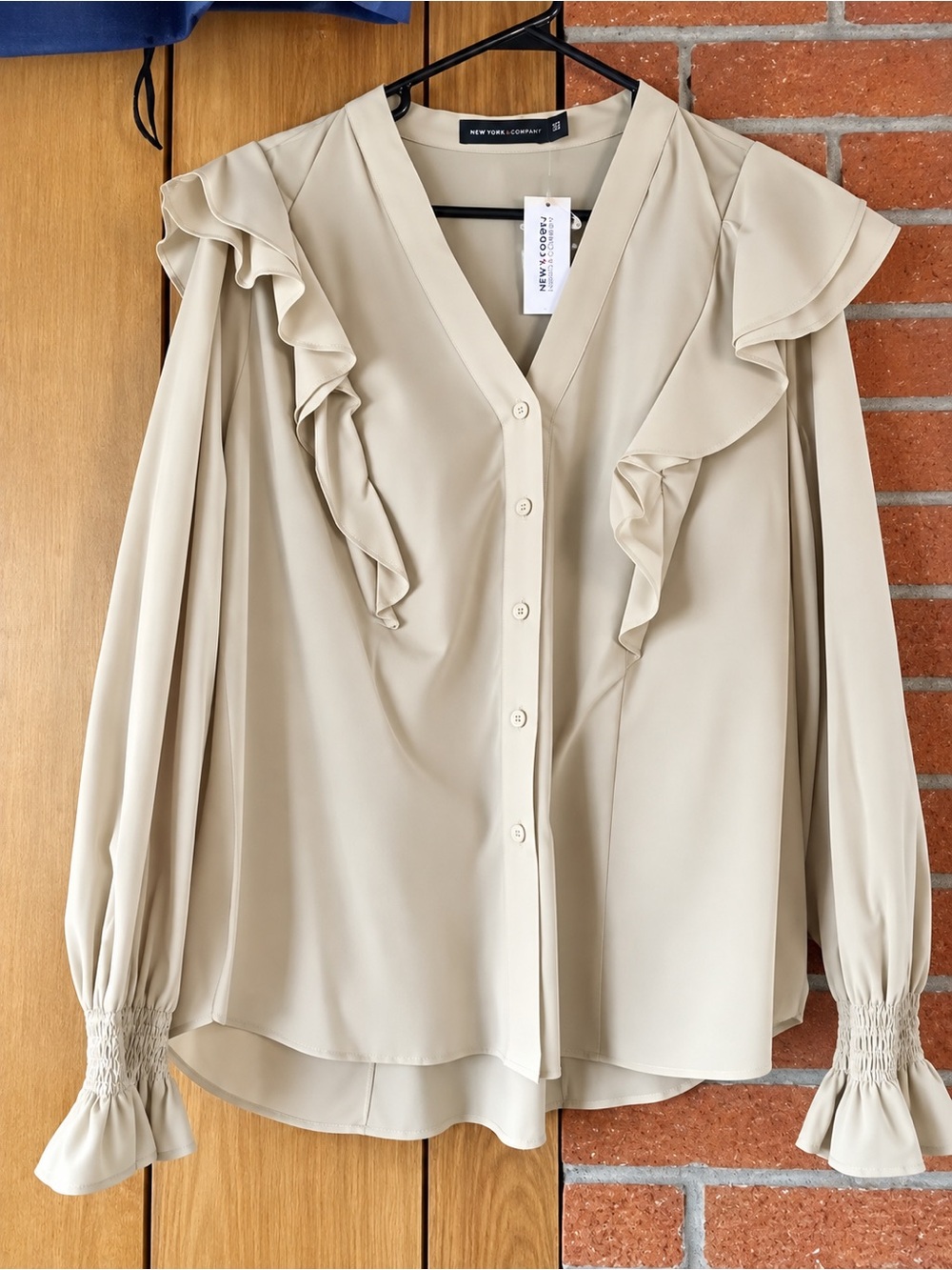 New York & Company Cream Ruffle V-Neck Button Blouse